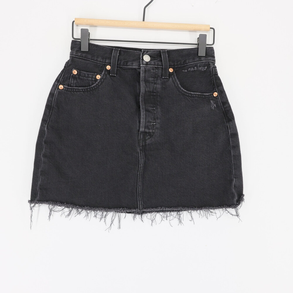 Levis Ribcage Skirt Womens 26 Black Denim Mini High Rise Button Fly Raw Hem